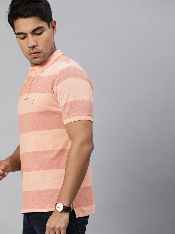 Mens Peach Striped Regular Fit T-Shirt